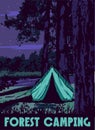 Forest Camping poster retro, night camping outdoor travel. Tourism hiking summer forest, vector illustration