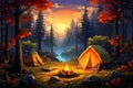 A forest campsite with tents and a bonfire vector fall background