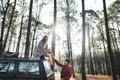 Forest Car Boyfriend Girlfriend Helping Concept