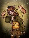 Forest cartoon character with cute bag in the shape of a cat and with a magical little ghosts-foxes, adorable fairytale Royalty Free Stock Photo