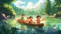 Children on vacation playing in a canoe on a river