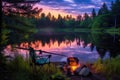 forest clearing with fishing gear, a lit fire pit, and a small lake, under night sky Royalty Free Stock Photo