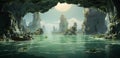 forest cliff rock ocean darkness art coast nature green painting sea trees unlight water jungle terrainre flection screenshot.