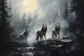 The forest comes alive with a watercolor pack of wolves, their fur mingling with the shadows under the full moon.