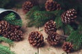 Forest composition with pine cones and fir tree branch on rustic wooden table. Christmas card. Royalty Free Stock Photo