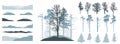 Forest, constructor kit. Silhouettes of beautiful spruce trees, pine, bare trees, snow hill. Collection of element for create