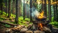 Forest cooking scene campfire cooking in a rustic setting with pan and food. Generative AI Royalty Free Stock Photo