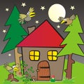 Forest,cottage and birds, funny vector design