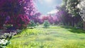 Forest crowns of fairy trees with bright sunlight, flying dandelions and butterflies. Magic forest at sunrise. 3D