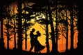 forest with dancing tango couple silhouetted against the sunset