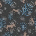 Forest deer and snow tree seamless pattern. Vector background Royalty Free Stock Photo