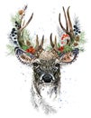 Forest deer watercolor illustration. Christmas reindeer. Winter greeting card design.