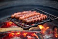 Forest Dinner tourist on grill, Delicious sausages are fried on fire in evening in the forest. dying embers of meat dinner