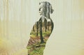 Forest, double exposure and woman thinking in nature or environment with overlay of woods or trees in the background Royalty Free Stock Photo