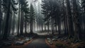 Forest enveloped in a thick fog created an ethereal atmosphere, as a road emerged, cutting through the mist. Royalty Free Stock Photo