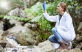 Forest, environment and woman scientist test water for research or inspection of the ecosystem and study of nature