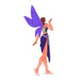 Forest fairy costume for halloween masquerade. Girl wears wood faerie suit with wings back view. Magic character for