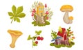 Forest Fairy Houses and Botany with Mushroom and Strawberry Branch Vector Set