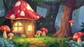 In a forest, a fairy wooden house with mushrooms is surrounded by rain. A cute tiny fantasy home with light in the Royalty Free Stock Photo