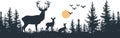 Forest Family: Silhouette of Deer with Fawn and Fir Trees - Wildlife Adventure, Hunting, Camping - Vector Illustration for Logo Royalty Free Stock Photo