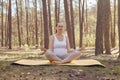 Forest femininity yoga. Prenatal gymnastic relaxation session. Calm concentrated pregnant woman doing yoga in nature outdoors Royalty Free Stock Photo