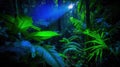 a forest filled with lots of green plants and plants under a blue light Royalty Free Stock Photo