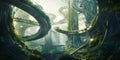 A forest filled with lots of trees and plants with Afrofuturism and elegant bridges between towers. AI generated Royalty Free Stock Photo