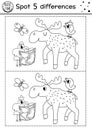 Forest find differences game for children. Black and white educational activity and coloring page with moose and birds. Summer Royalty Free Stock Photo