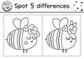 Forest find differences game for children with cute bumblebee. Woodland black and white activity and coloring page with insect.