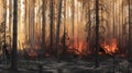 Forest fire with black burnt trees, flames and smoke.