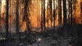 Forest fire with black burnt trees, flames and smoke.