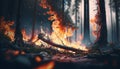 Forest fire. Burning dry grass and trees in the forest. Generative AI Royalty Free Stock Photo
