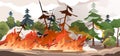 Forest fire. Burning spruces and oak trees, wood plants in flame and smoke, nature disaster cartoon illustration. Vector