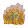 Forest fire, burning trees, lot of smoke. Vector isolated