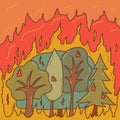 Forest fire, burning trees, lot of smoke. Vector