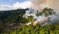 A forest fire burns through dense amazon greenery symbolizing climate challenge. The scene suggests environmental crisis Royalty Free Stock Photo