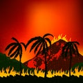 Forest fire in California, in the USA. Landscape of burning nature and houses. flat vector illustration