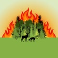 Forest fire. Colorful burning mixed forest and sihouette of deer. Green deciduous and coniferous trees on fire background. Flat