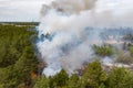 Forest fire in the coniferous forest, aerial view. The human factor that caused the disaster. Shooting from the drone