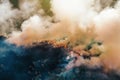 Forest fire. Dry trees burn with smoke, wildfire aerial view