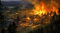 Forest fire engulfed rural houses. Natural disaster. Generative AI.