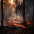 Forest fire. fallen tree is burned to the ground a lot of smoke when vildfire. generative ai Royalty Free Stock Photo