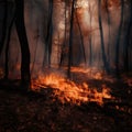 Forest fire. fallen tree is burned to the ground a lot of smoke when vildfire. generative ai Royalty Free Stock Photo