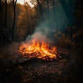 Forest fire. fallen tree is burned to the ground a lot of smoke when vildfire. generative ai Royalty Free Stock Photo