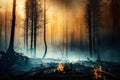 Forest fire. Fallen tree is burned to the ground a lot of smoke when vildfire. Generative AI