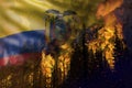 Forest fire fight concept, natural disaster - flaming fire in the woods on Ecuador flag background - 3D illustration of nature