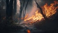 Forest fire in the forest. Burning dry grass and trees in the forest. Generative AI Royalty Free Stock Photo