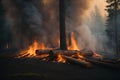 Forest fire. Grass and trees are burning. Fire and smoke. Ecological catastrophe