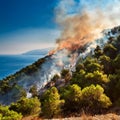 Wildfire. Palisades. Forest fire. Forest fire in progress with fire. Large flames. USA. Royalty Free Stock Photo