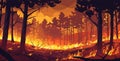 Forest fire illustration. Natural disaster, wild flame destroys nature. Fires spreads, trees and dry grass burn, vector Royalty Free Stock Photo